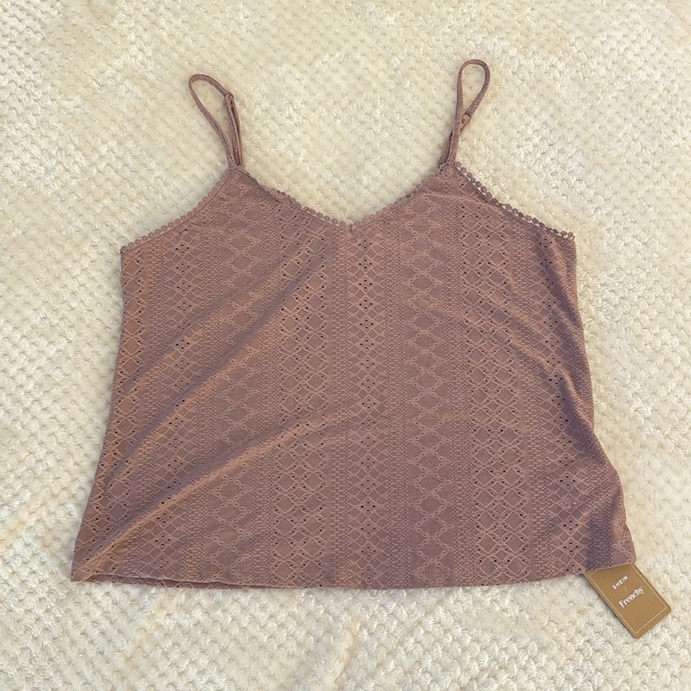 NWT - SHEIN Eyelet Embroidery Lace Scallop Trim Tank Top - Dusty Pink, Large